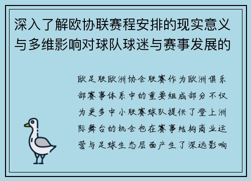 深入了解欧协联赛程安排的现实意义与多维影响对球队球迷与赛事发展的分析