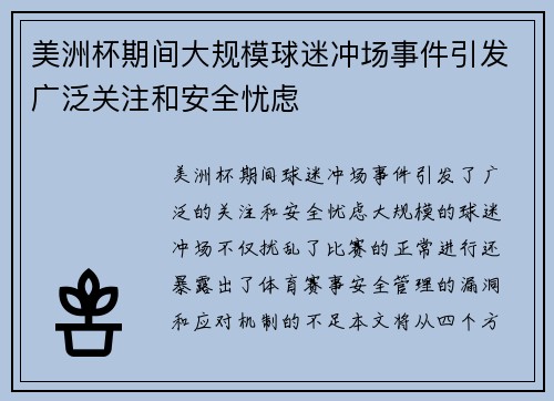 美洲杯期间大规模球迷冲场事件引发广泛关注和安全忧虑